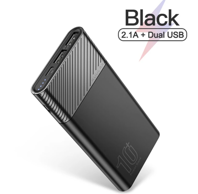 KUULAA Power Bank 10000mAh: 5V 2.1A, 3 USB, Black (no display)