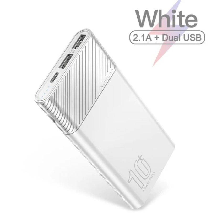 KUULAA Power Bank 10000mAh: 5V 2.1A, 3 USB, White (no display)