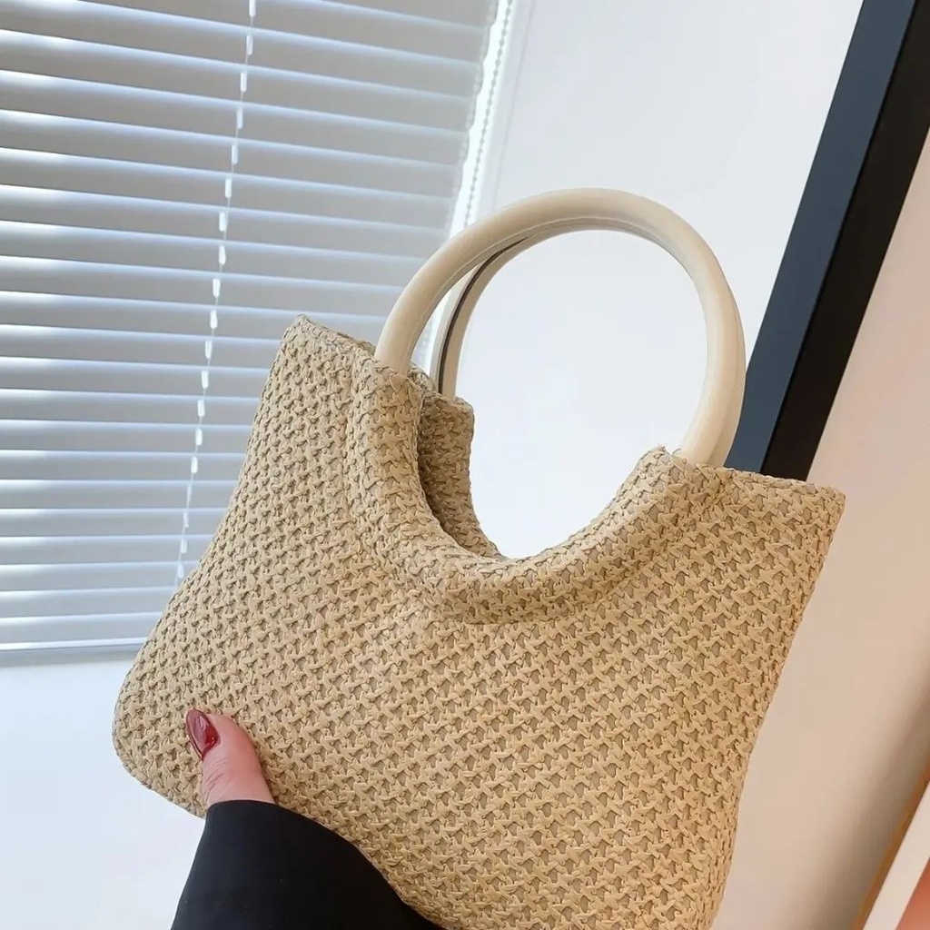 Minimalist Double Handle Straw Bag - Khaki